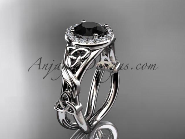 platinum diamond celtic trinity knot wedding ring, engagement ring with a Black Diamond center stone CT7302 - AnjaysDesigns