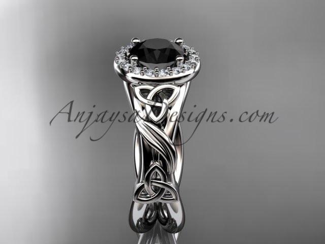 14kt white gold diamond celtic trinity knot wedding ring, engagement ring with a Black Diamond center stone CT7302 - AnjaysDesigns