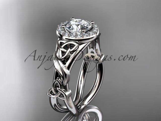 platinum diamond celtic trinity knot wedding ring, engagement ring with a "Forever One" Moissanite center stone CT7302 - AnjaysDesigns