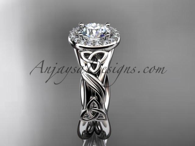 platinum diamond celtic trinity knot wedding ring, engagement ring with a "Forever One" Moissanite center stone CT7302 - AnjaysDesigns