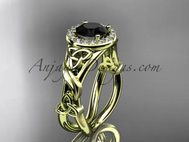 14kt yellow gold diamond celtic trinity knot wedding ring, engagement ring with a Black Diamond center stone CT7302 - AnjaysDesigns