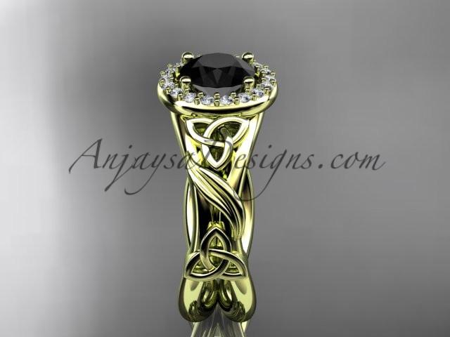 14kt yellow gold diamond celtic trinity knot wedding ring, engagement ring with a Black Diamond center stone CT7302 - AnjaysDesigns