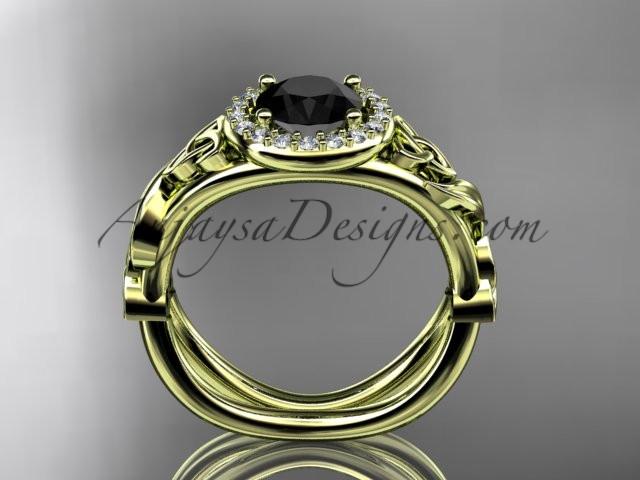 14kt yellow gold diamond celtic trinity knot wedding ring, engagement ring with a Black Diamond center stone CT7302 - AnjaysDesigns