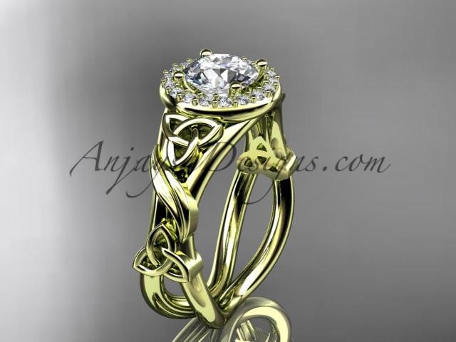 14kt yellow gold diamond celtic trinity knot wedding ring, engagement ring with a "Forever One" Moissanite center stone CT7302 - AnjaysDesigns