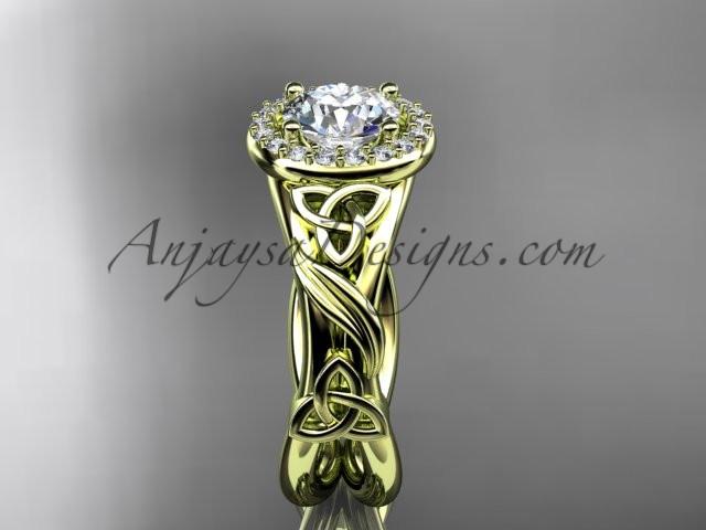 14kt yellow gold diamond celtic trinity knot wedding ring, engagement ring with a "Forever One" Moissanite center stone CT7302 - AnjaysDesigns
