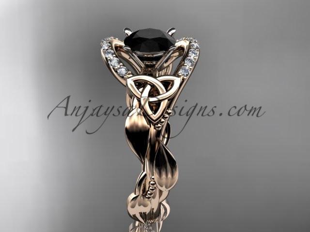 14kt rose gold diamond celtic trinity knot wedding ring, engagement ring with a Black Diamond center stone CT7326 - AnjaysDesigns