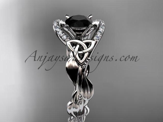 14kt white gold diamond celtic trinity knot wedding ring, engagement ring with a Black Diamond center stone CT7326 - AnjaysDesigns