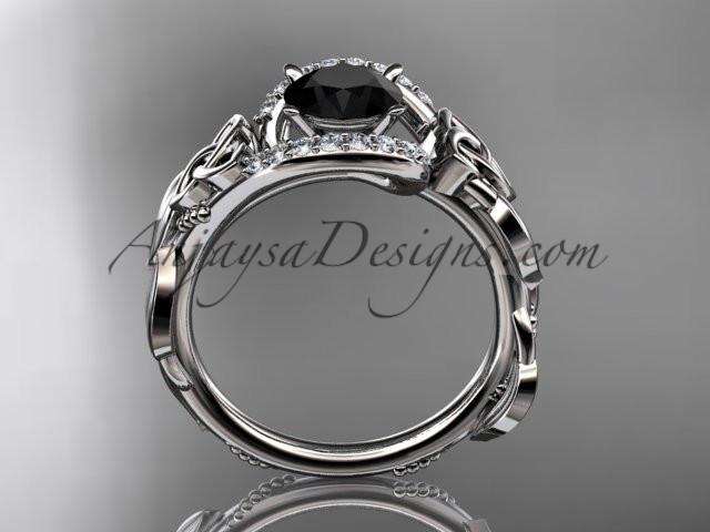 platinum diamond celtic trinity knot wedding ring, engagement ring with a Black Diamond center stone CT7326 - AnjaysDesigns