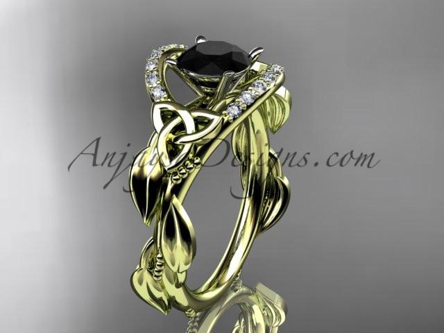14kt yellow gold diamond celtic trinity knot wedding ring, engagement ring with a Black Diamond center stone CT7326 - AnjaysDesigns