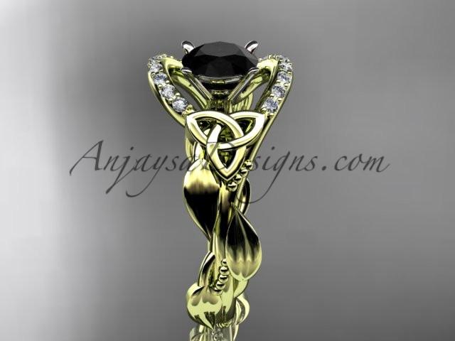 14kt yellow gold diamond celtic trinity knot wedding ring, engagement ring with a Black Diamond center stone CT7326 - AnjaysDesigns