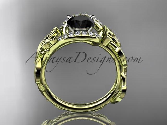 14kt yellow gold diamond celtic trinity knot wedding ring, engagement ring with a Black Diamond center stone CT7326 - AnjaysDesigns
