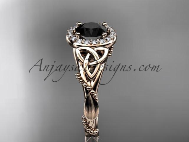 14kt rose gold diamond celtic trinity knot wedding ring, engagement ring with a Black Diamond center stone CT7328 - AnjaysDesigns