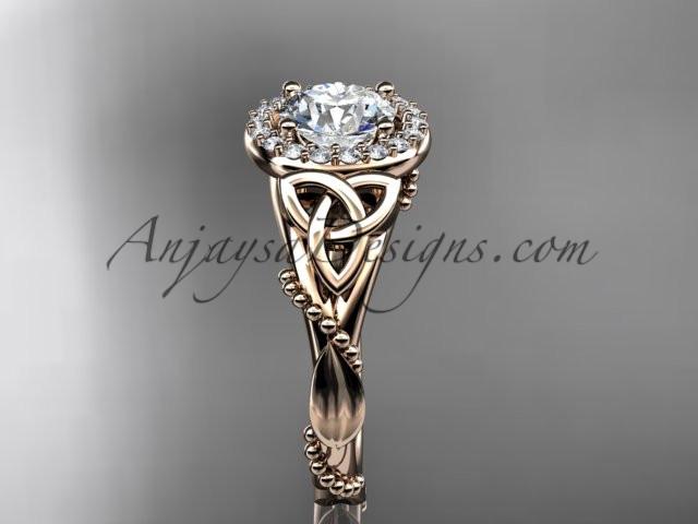 14kt rose gold diamond celtic trinity knot wedding ring, engagement ring with a "Forever One" Moissanite center stone CT7328 - AnjaysDesigns