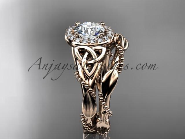 14kt rose gold diamond celtic trinity knot wedding ring, engagement set with a "Forever One" Moissanite center stone CT7328S - AnjaysDesigns