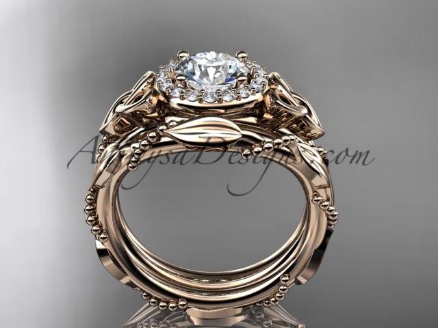 14kt rose gold diamond celtic trinity knot wedding ring, engagement set with a "Forever One" Moissanite center stone CT7328S - AnjaysDesigns