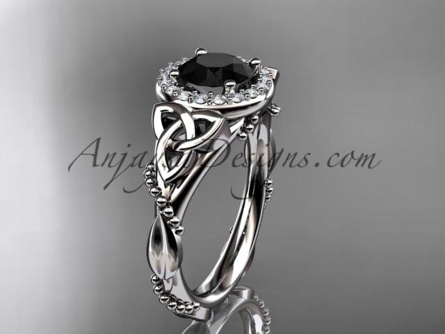 14kt white gold diamond celtic trinity knot wedding ring, engagement ring with a Black Diamond center stone CT7328 - AnjaysDesigns