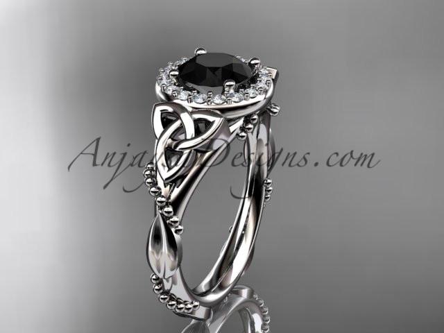 platinum diamond celtic trinity knot wedding ring, engagement ring with a Black Diamond center stone CT7328 - AnjaysDesigns