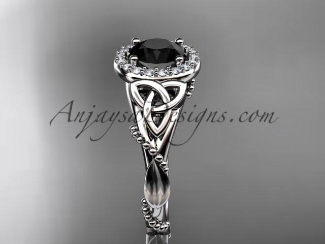 14kt white gold diamond celtic trinity knot wedding ring, engagement ring with a Black Diamond center stone CT7328 - AnjaysDesigns