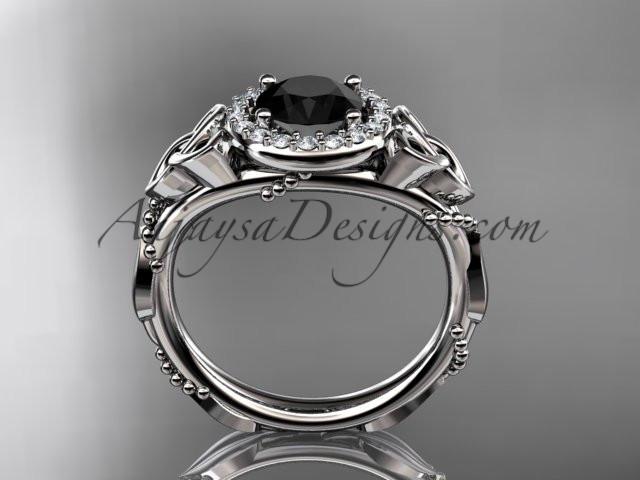 14kt white gold diamond celtic trinity knot wedding ring, engagement ring with a Black Diamond center stone CT7328 - AnjaysDesigns