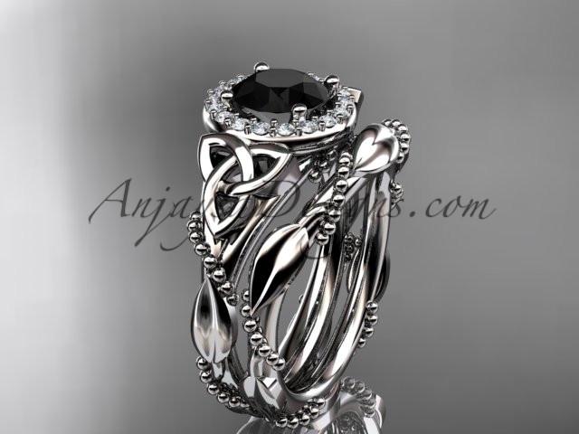 platinum diamond celtic trinity knot wedding ring, engagement set with a Black Diamond center stone CT7328S - AnjaysDesigns