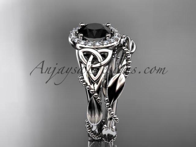 platinum diamond celtic trinity knot wedding ring, engagement set with a Black Diamond center stone CT7328S - AnjaysDesigns