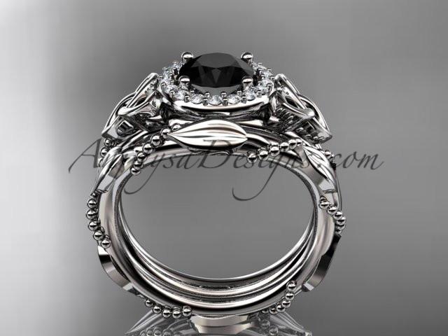 14kt white gold diamond celtic trinity knot wedding ring, engagement set with a Black Diamond center stone CT7328S - AnjaysDesigns