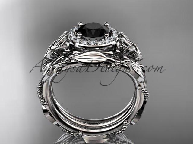 platinum diamond celtic trinity knot wedding ring, engagement set with a Black Diamond center stone CT7328S - AnjaysDesigns