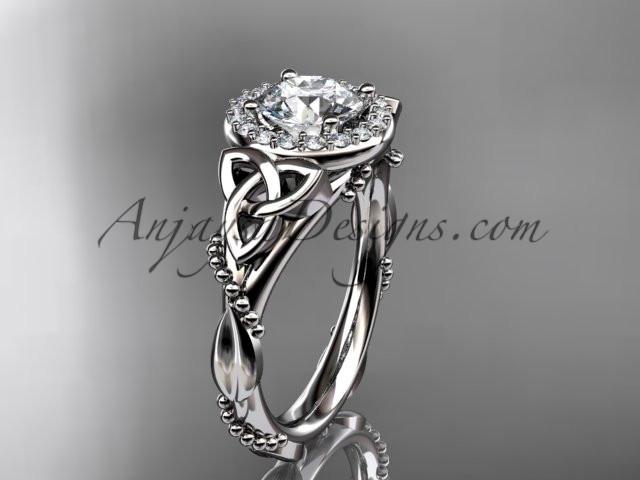 platinum diamond celtic trinity knot wedding ring, engagement ring with a "Forever One" Moissanite center stone CT7328 - AnjaysDesigns
