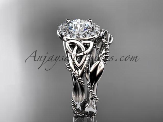 platinum diamond celtic trinity knot wedding ring, engagement set with a "Forever One" Moissanite center stone CT7328S - AnjaysDesigns