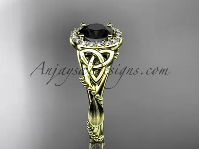 14kt yellow gold diamond celtic trinity knot wedding ring, engagement ring with a Black Diamond center stone CT7328 - AnjaysDesigns