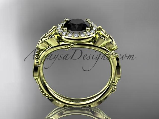 14kt yellow gold diamond celtic trinity knot wedding ring, engagement ring with a Black Diamond center stone CT7328 - AnjaysDesigns