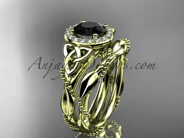 14kt yellow gold diamond celtic trinity knot wedding ring, engagement set with a Black Diamond center stone CT7328S - AnjaysDesigns