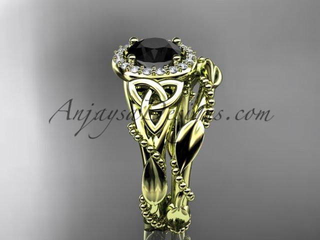 14kt yellow gold diamond celtic trinity knot wedding ring, engagement set with a Black Diamond center stone CT7328S - AnjaysDesigns