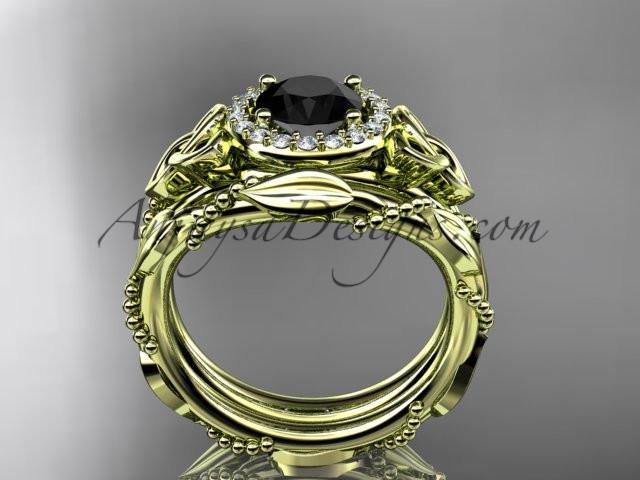 14kt yellow gold diamond celtic trinity knot wedding ring, engagement set with a Black Diamond center stone CT7328S - AnjaysDesigns