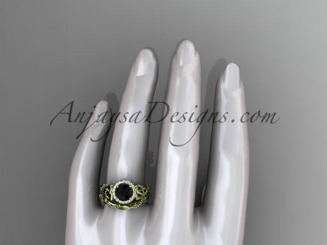 14kt yellow gold diamond celtic trinity knot wedding ring, engagement set with a Black Diamond center stone CT7328S - AnjaysDesigns