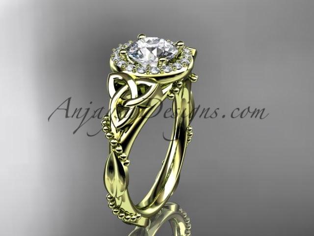 14kt yellow gold diamond celtic trinity knot wedding ring, engagement ring with a "Forever One" Moissanite center stone CT7328 - AnjaysDesigns