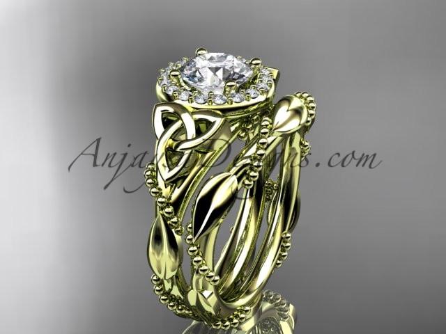 14kt yellow gold diamond celtic trinity knot wedding ring, engagement set with a "Forever One" Moissanite center stone CT7328S - AnjaysDesigns