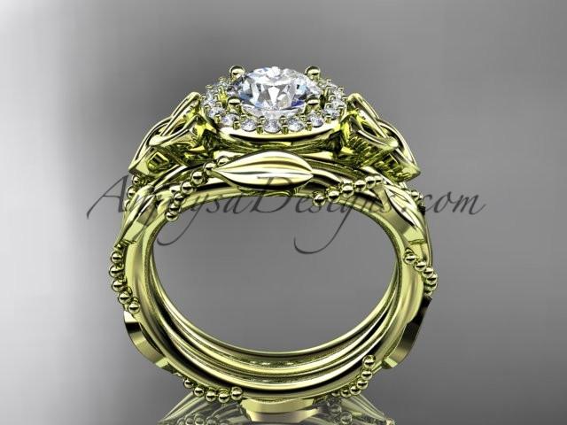 14kt yellow gold diamond celtic trinity knot wedding ring, engagement set with a "Forever One" Moissanite center stone CT7328S - AnjaysDesigns