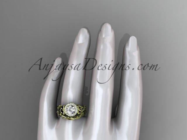 14kt yellow gold diamond celtic trinity knot wedding ring, engagement set with a "Forever One" Moissanite center stone CT7328S - AnjaysDesigns