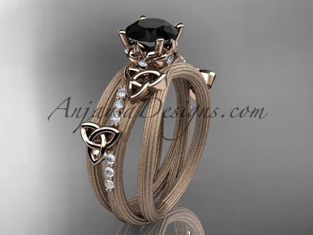 14kt rose gold diamond celtic trinity knot wedding ring, engagement ring with a Black Diamond center stone CT7329 - AnjaysDesigns