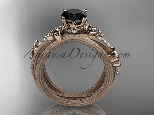 14kt rose gold diamond celtic trinity knot wedding ring, engagement ring with a Black Diamond center stone CT7329 - AnjaysDesigns