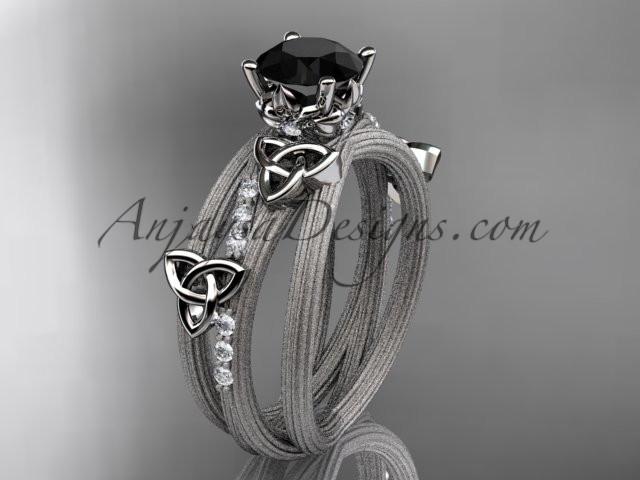 platinum diamond celtic trinity knot wedding ring, engagement ring with a Black Diamond center stone CT7329 - AnjaysDesigns
