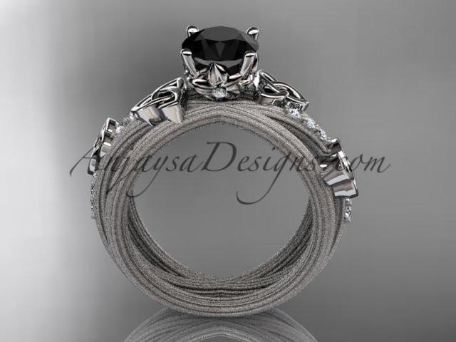 14kt white gold diamond celtic trinity knot wedding ring, engagement ring with a Black Diamond center stone CT7329 - AnjaysDesigns