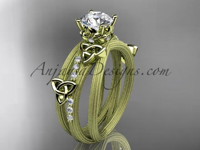 14kt yellow gold diamond celtic trinity knot wedding ring, engagement ring with a "Forever One" Moissanite center stone CT7329 - AnjaysDesigns