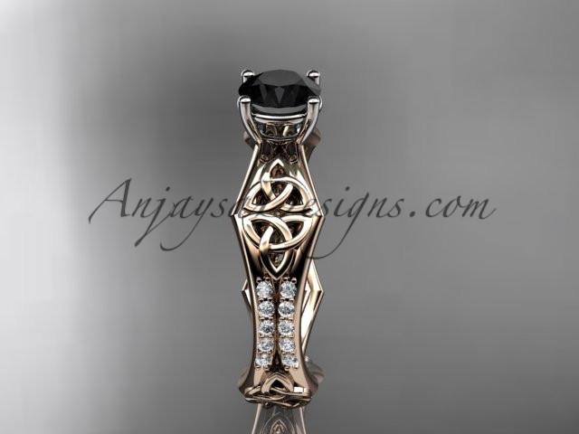 14kt rose gold diamond celtic trinity ring, triquetra ring, engagement ring with a Black Diamond center stone CT7353 - AnjaysDesigns
