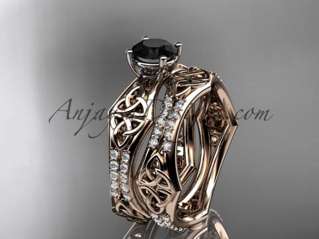 14kt rose gold diamond celtic trinity ring, triquetra ring, engagement set with a Black Diamond center stone CT7353S - AnjaysDesigns
