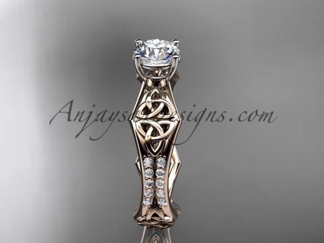 14kt rose gold diamond celtic trinity ring, triquetra ring, engagement ring with a "Forever One" Moissanite center stone CT7353 - AnjaysDesigns