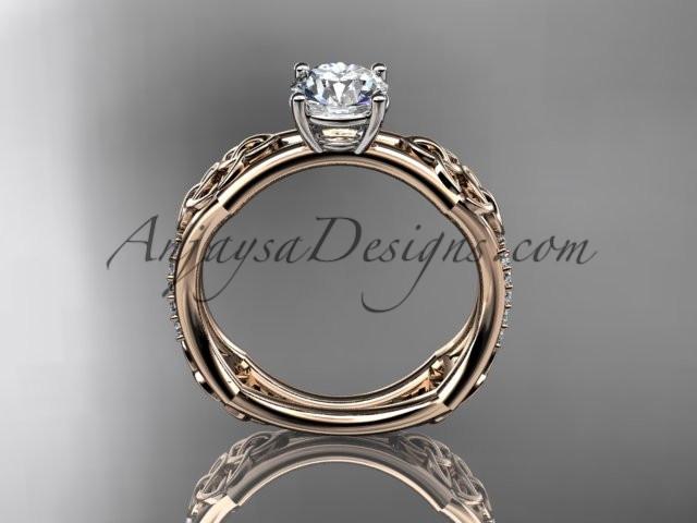 14kt rose gold diamond celtic trinity ring, triquetra ring, engagement ring with a "Forever One" Moissanite center stone CT7353 - AnjaysDesigns