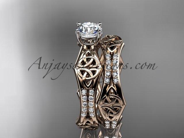 14kt rose gold diamond celtic trinity ring, triquetra ring, engagement set with a "Forever One" Moissanite center stone CT7353S - AnjaysDesigns