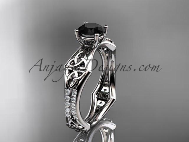14kt white gold diamond celtic trinity ring, triquetra ring, engagement ring with a Black Diamond center stone CT7353 - AnjaysDesigns